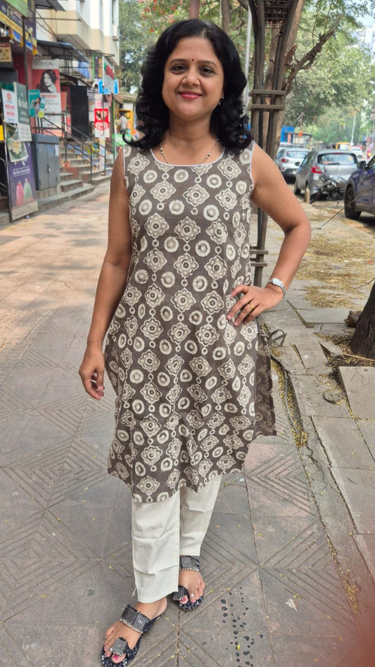 Clay Pure Cotton Dabu Hand Block Printed Sleeveless Long Kurta