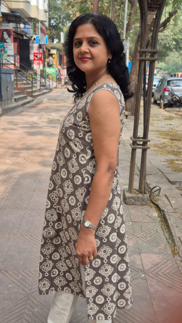 Clay Pure Cotton Dabu Hand Block Printed Sleeveless Long Kurta
