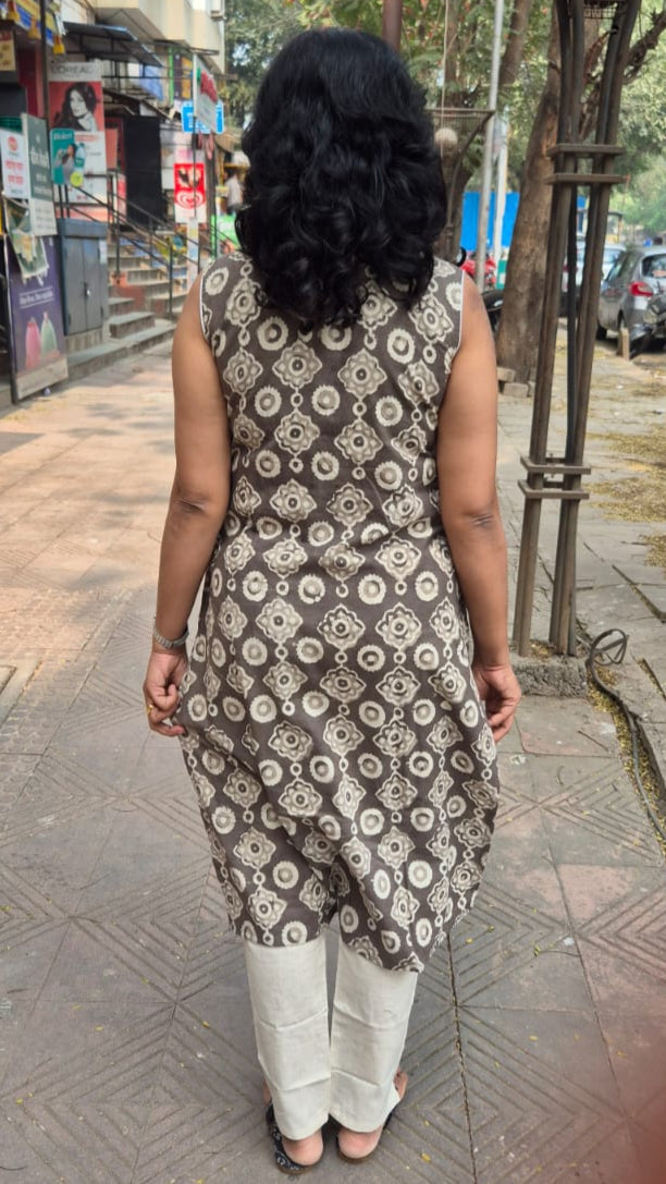 Clay Pure Cotton Dabu Hand Block Printed Sleeveless Long Kurta