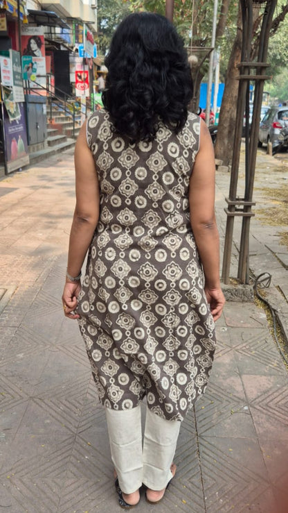 Clay Pure Cotton Dabu Hand Block Printed Sleeveless Long Kurta