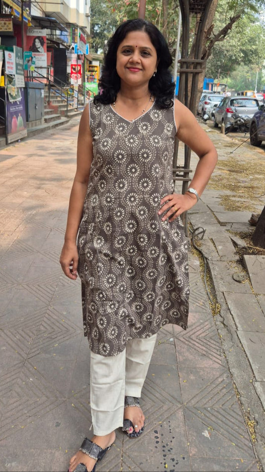 Clay Pure Cotton Dabu Hand Block Printed Sleeveless Long Kurta