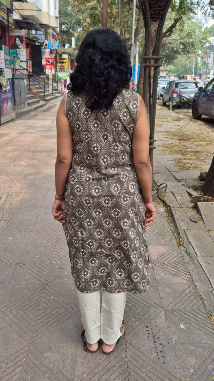 Clay Pure Cotton Dabu Hand Block Printed Sleeveless Long Kurta