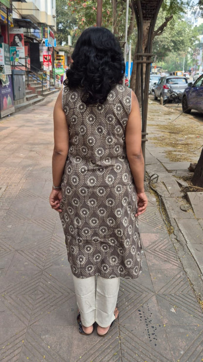 Clay Pure Cotton Dabu Hand Block Printed Sleeveless Long Kurta