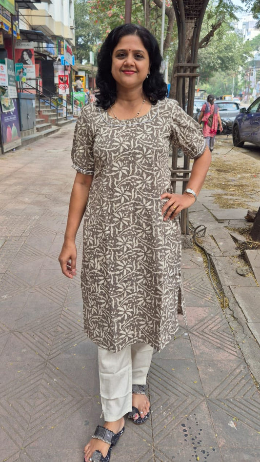 Clay Pure Cotton Dabu Hand Block Printed Elbow Sleeved Long Kurta