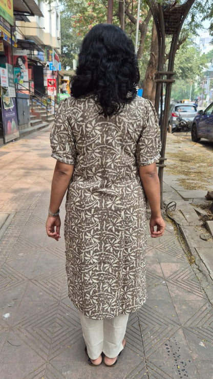 Clay Pure Cotton Dabu Hand Block Printed Elbow Sleeved Long Kurta
