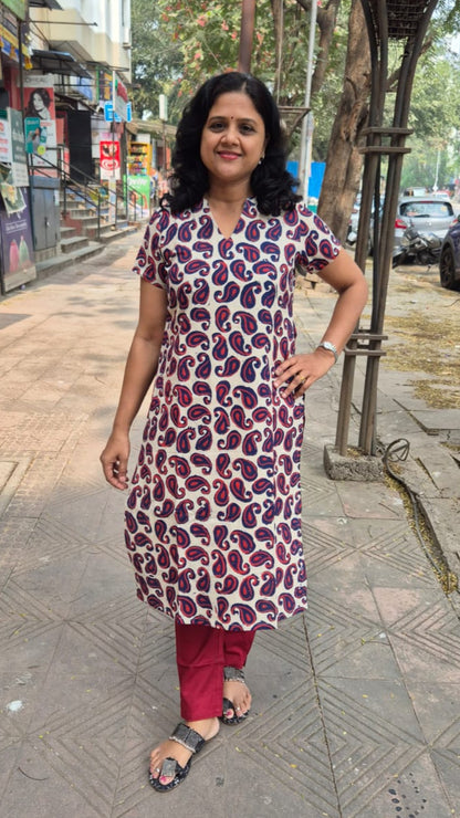 Indigo Pure Cotton Dabu Hand Block Printed Half Sleeved Long Kurta