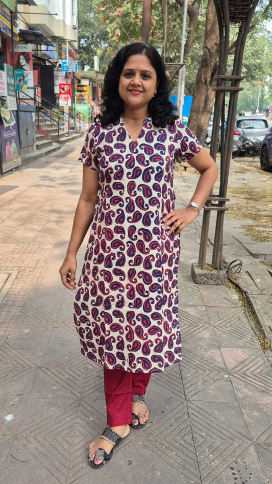 Indigo Pure Cotton Dabu Hand Block Printed Half Sleeved Long Kurta