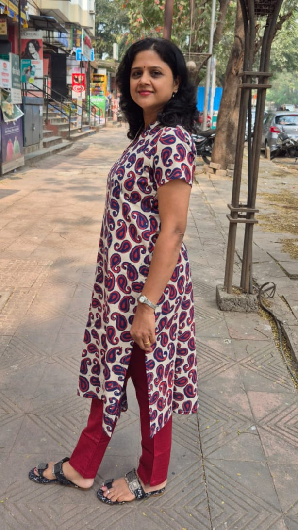 Indigo Pure Cotton Dabu Hand Block Printed Half Sleeved Long Kurta