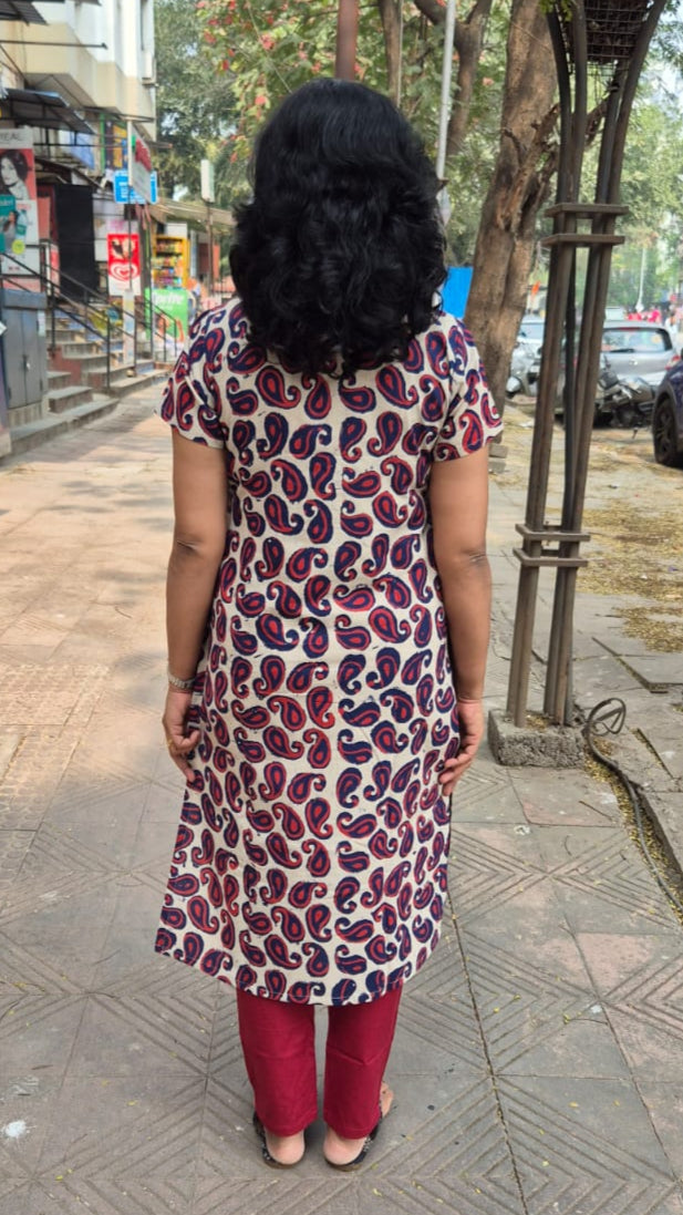 Indigo Pure Cotton Dabu Hand Block Printed Half Sleeved Long Kurta