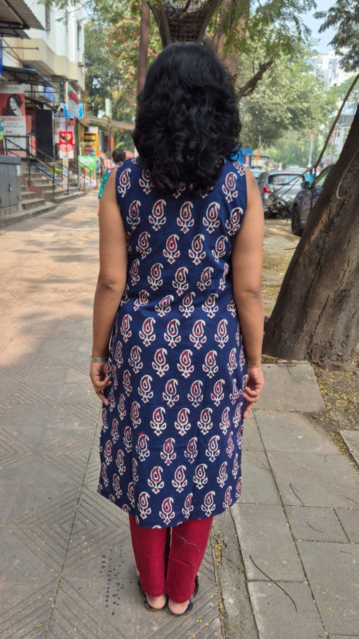 Indigo Pure Cotton Dabu Hand Block Printed Sleeveless Long Kurta