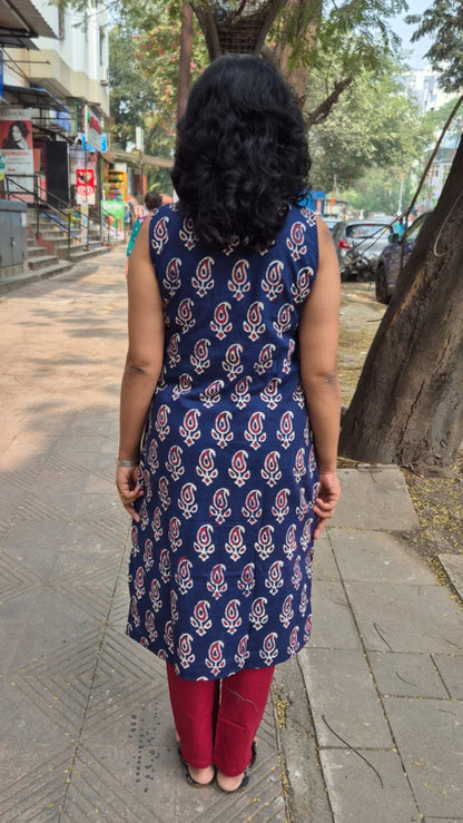 Indigo Pure Cotton Dabu Hand Block Printed Sleeveless Long Kurta