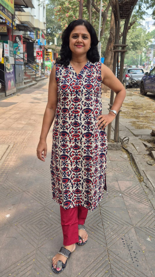 Indigo Pure Cotton Dabu Hand Block Printed Sleeveless Long Kurta