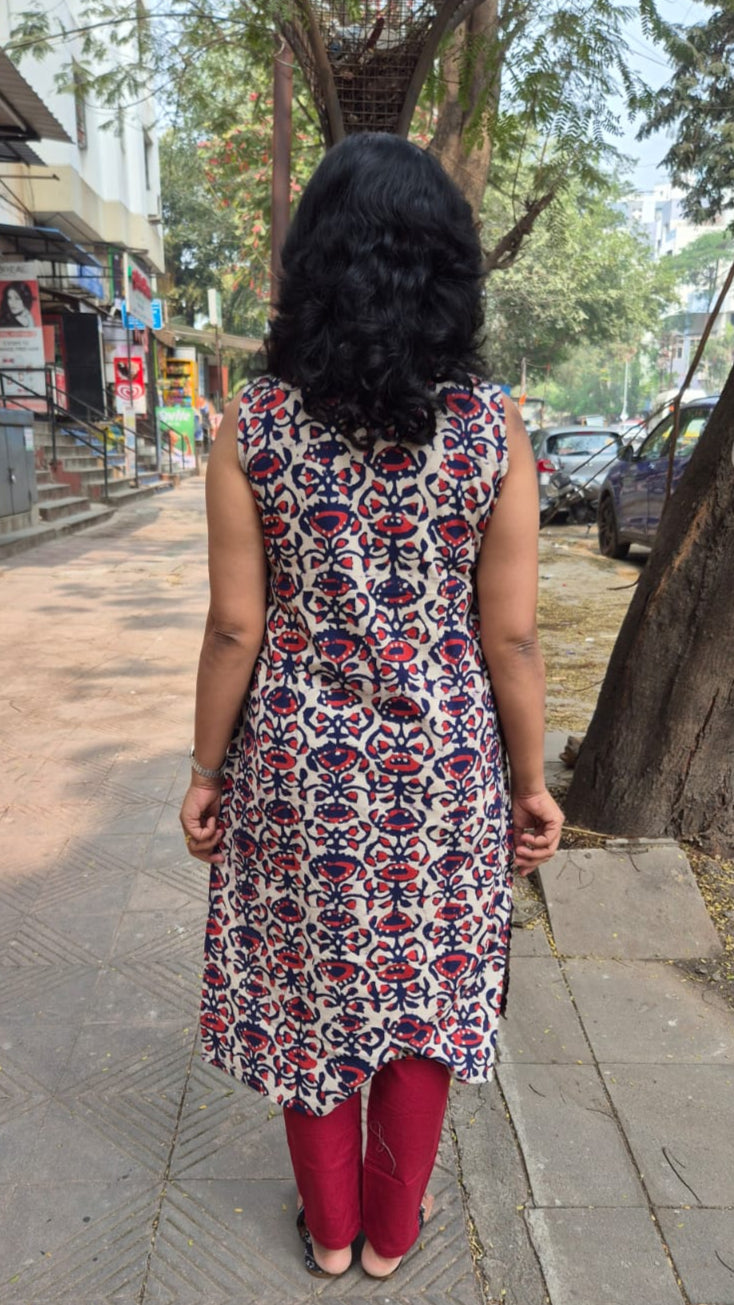 Indigo Pure Cotton Dabu Hand Block Printed Sleeveless Long Kurta