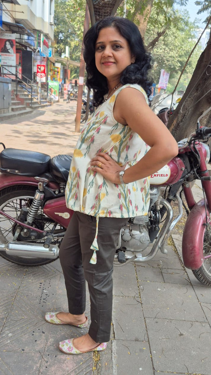 Off White Cotton Ikat Sleeveless Short Top