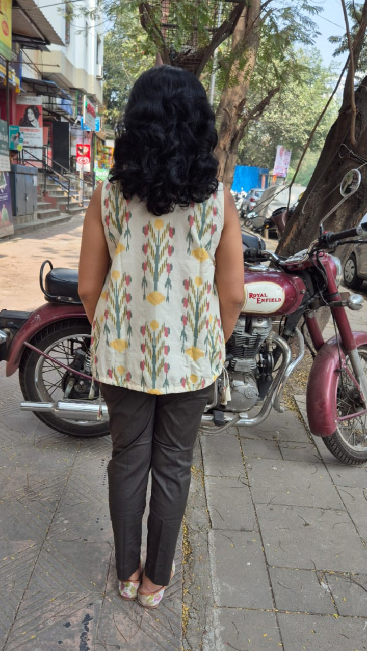 Off White Cotton Ikat Sleeveless Short Top