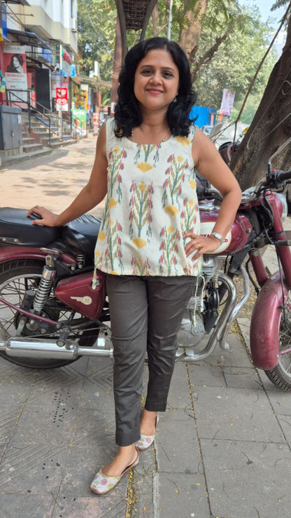 Off White Cotton Ikat Sleeveless Short Top