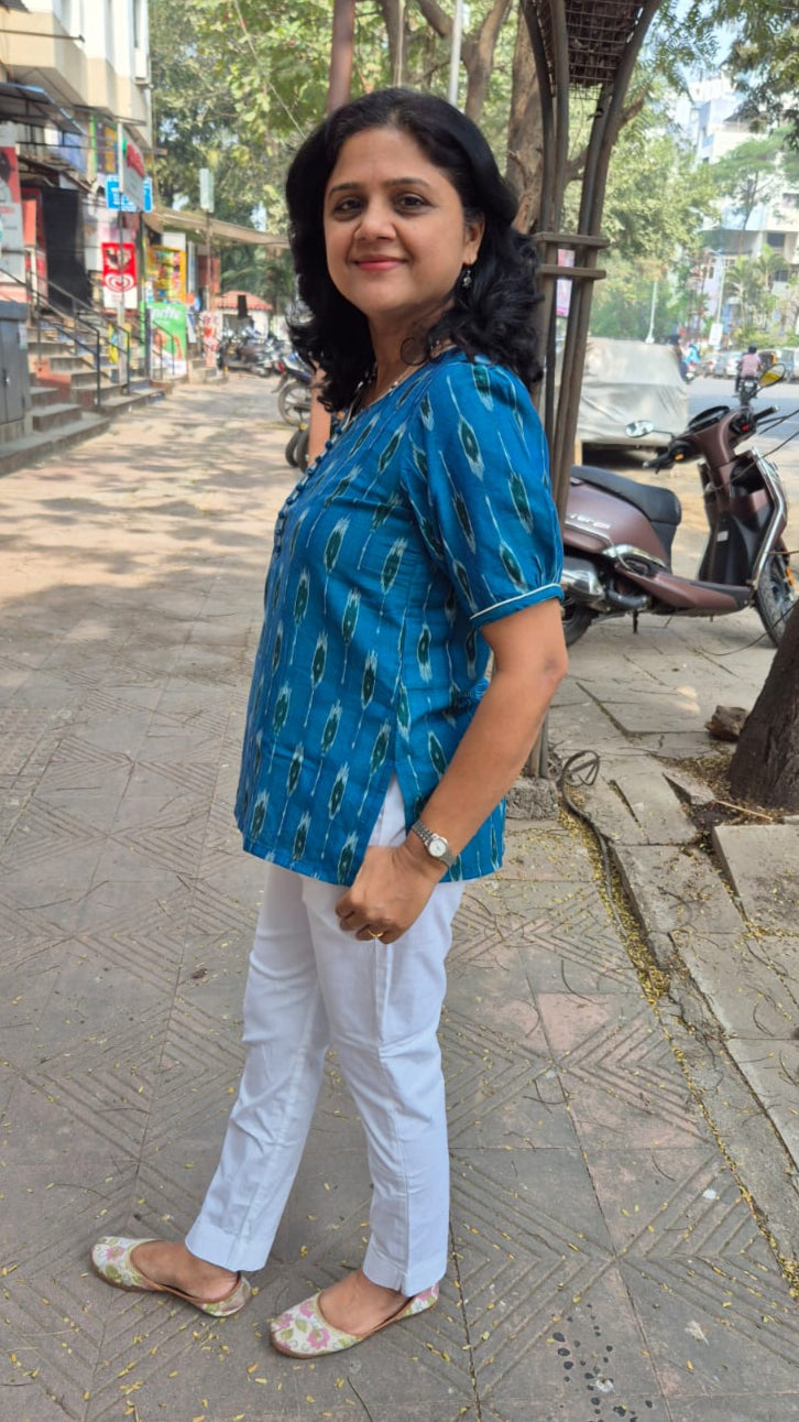Peacock Blue Cotton Ikat Sleeved Short Top
