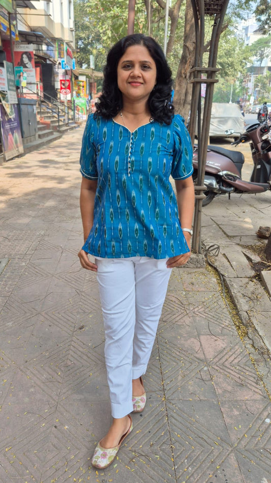 Peacock Blue Cotton Ikat Sleeved Short Top