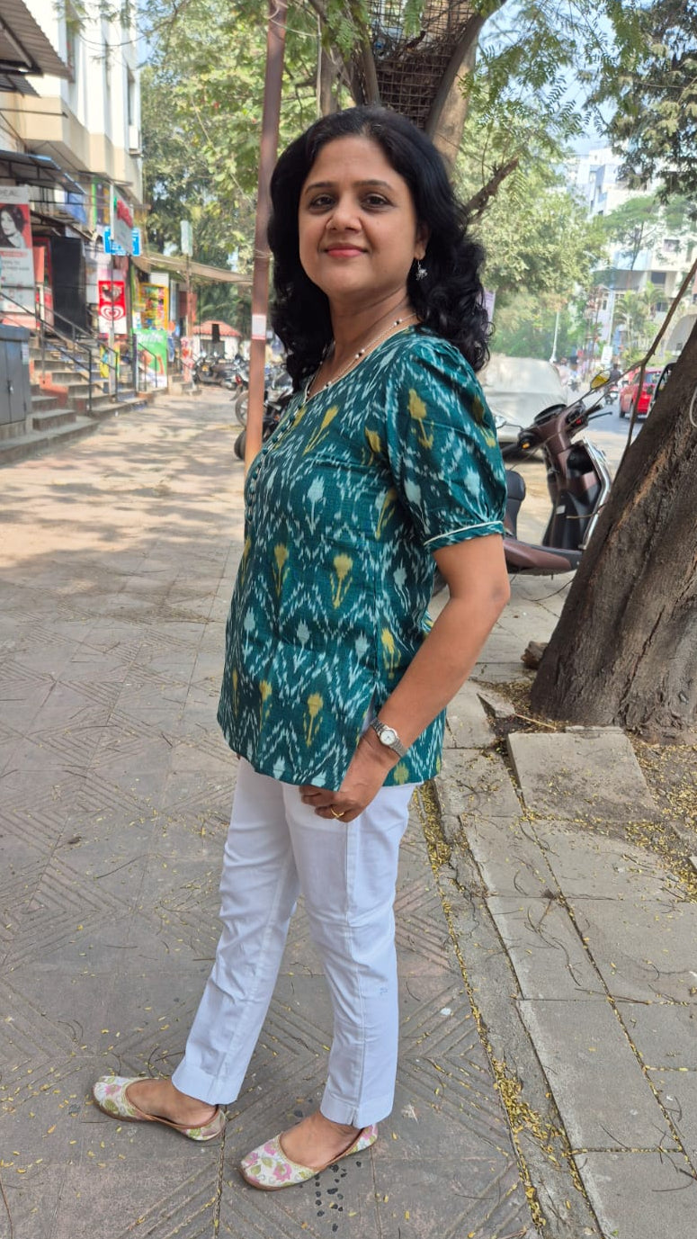 Green Cotton Ikat Sleeved Short Top
