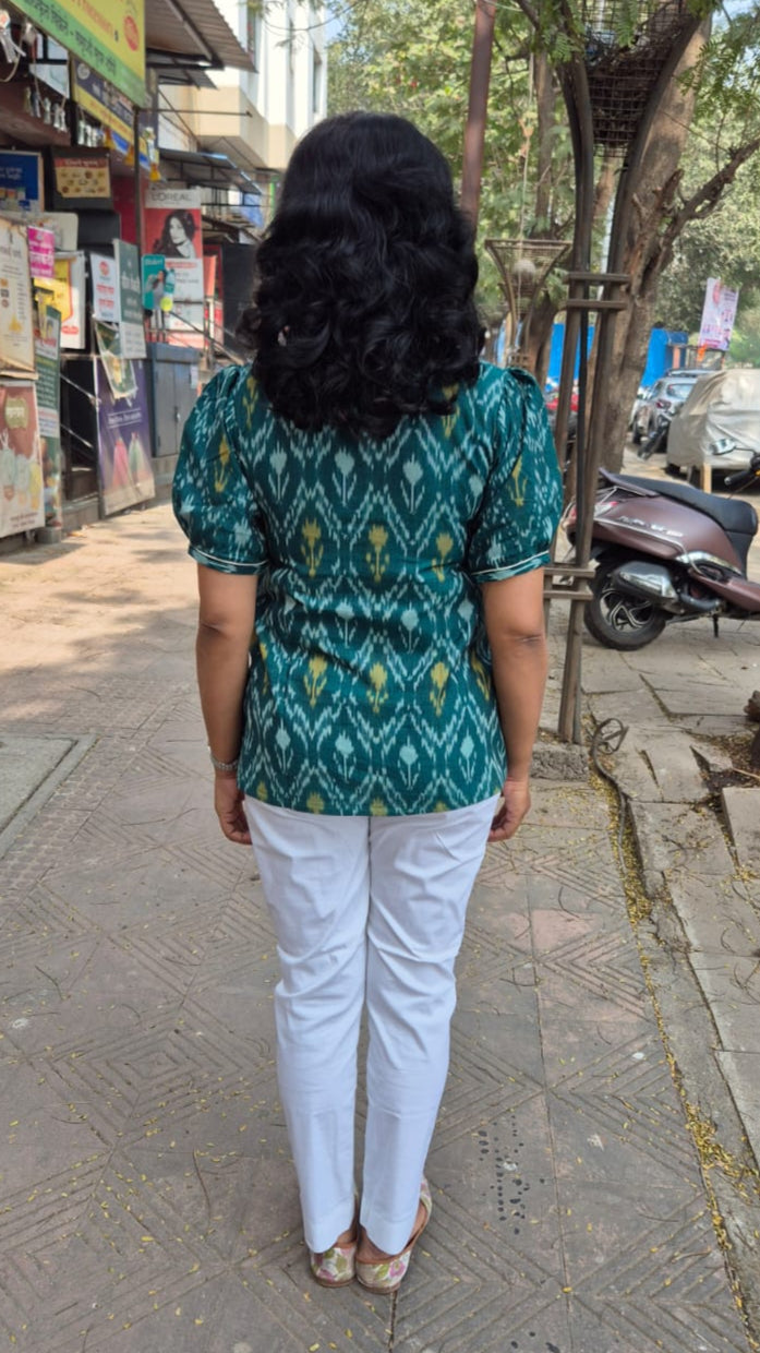 Green Cotton Ikat Sleeved Short Top