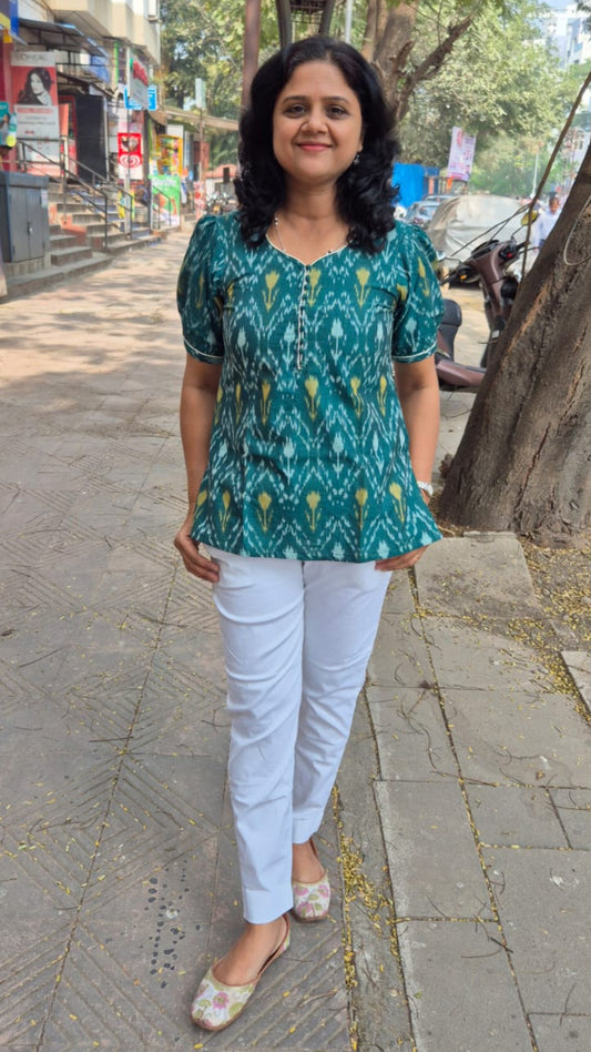 Green Cotton Ikat Sleeved Short Top