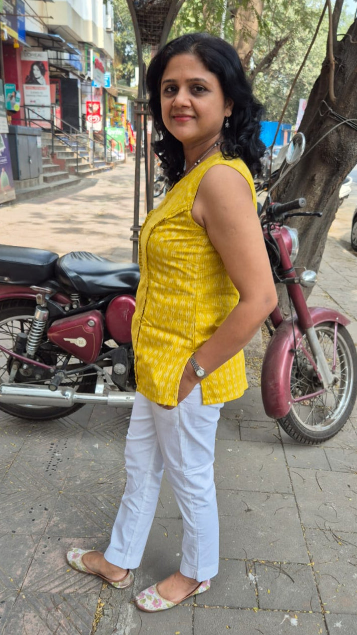 Yellow Cotton Ikat Sleeveless Short Top