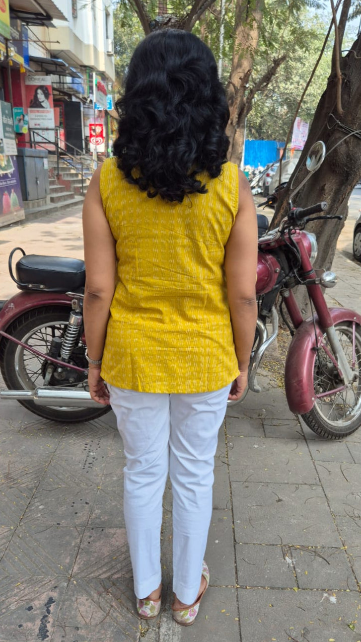 Yellow Cotton Ikat Sleeveless Short Top