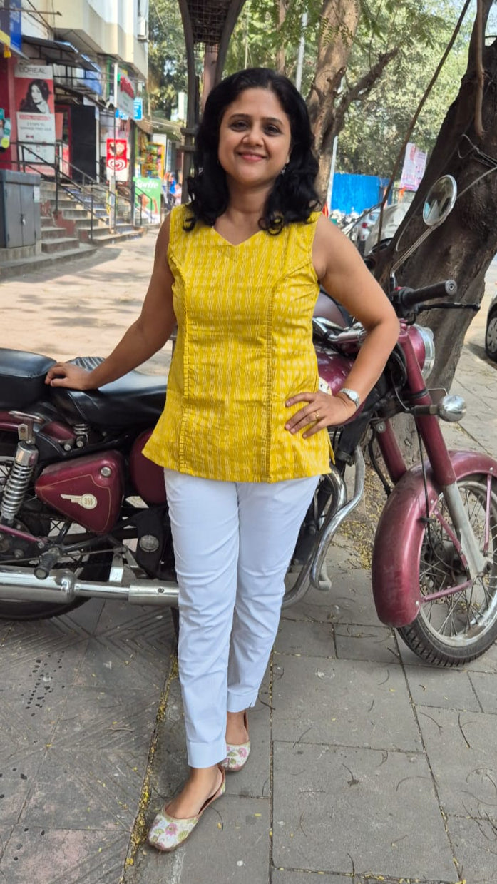 Yellow Cotton Ikat Sleeveless Short Top