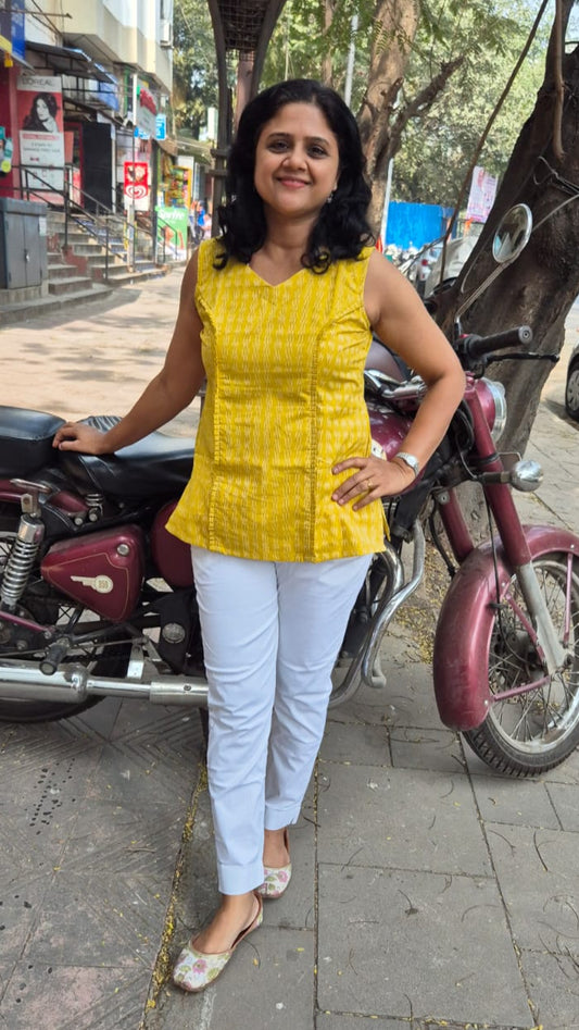 Yellow Cotton Ikat Sleeveless Short Top