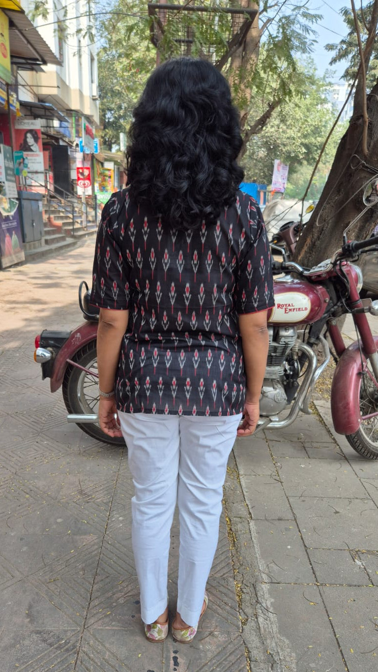 Black Cotton Ikkat Sleeved Short Top