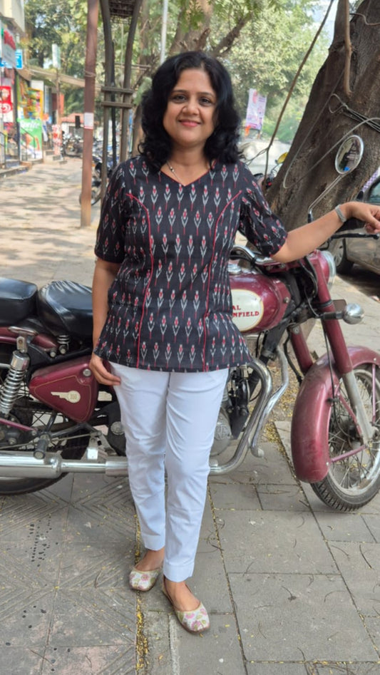 Black Cotton Ikkat Sleeved Short Top