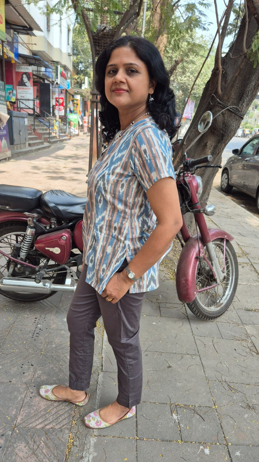 Sky Blue Cotton Ikat Sleeved Short Top