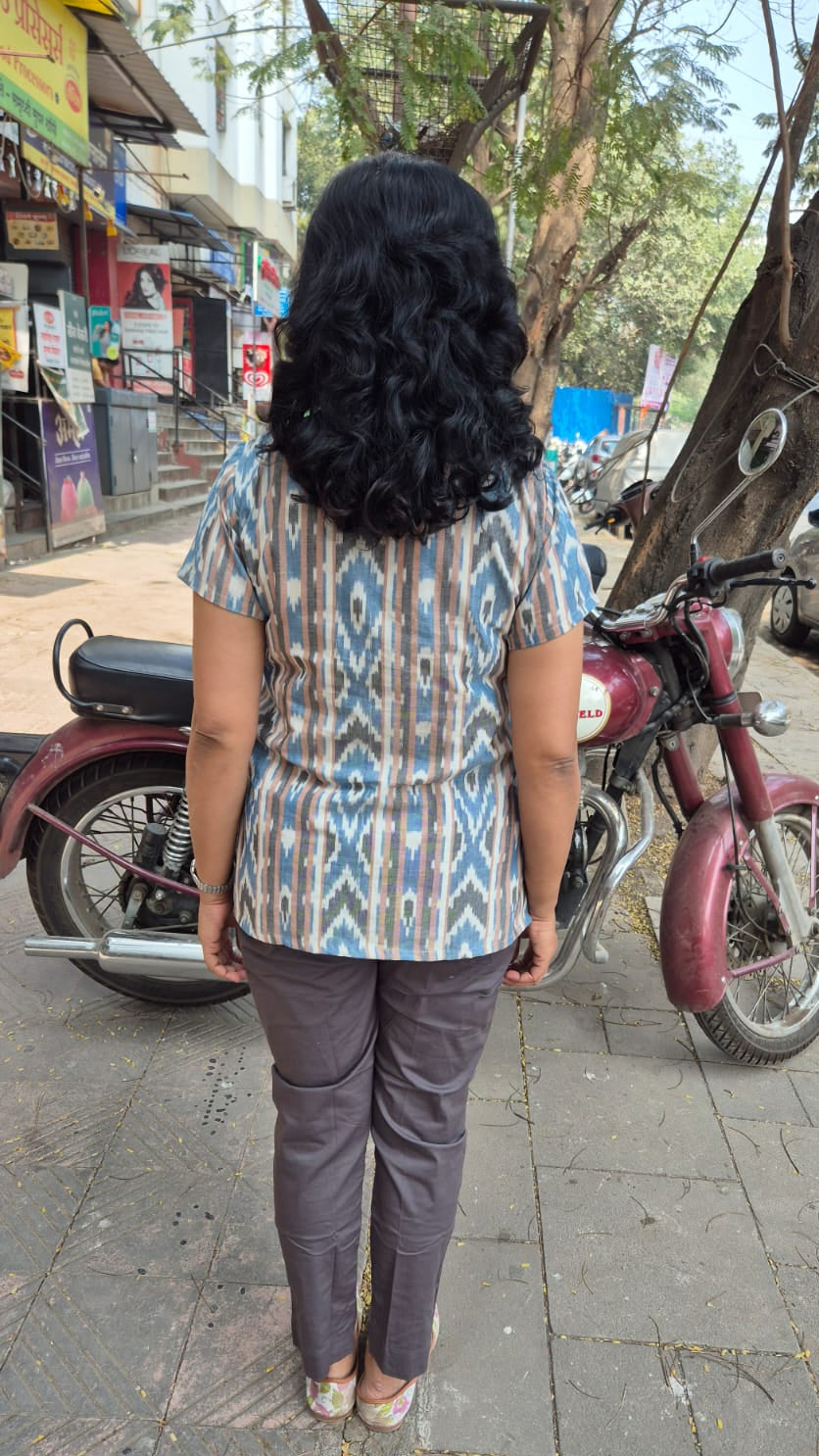 Sky Blue Cotton Ikat Sleeved Short Top