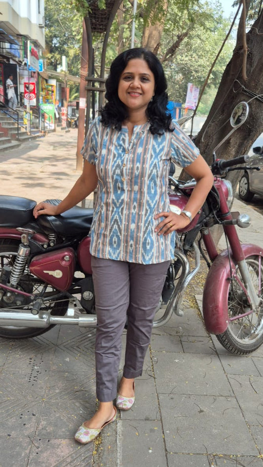 Sky Blue Cotton Ikat Sleeved Short Top