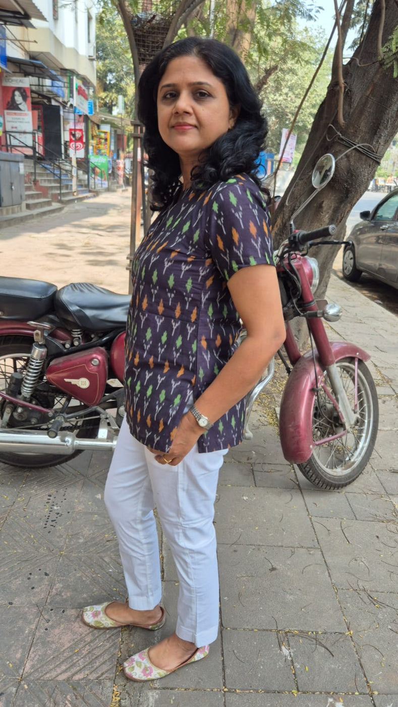 Blue Grey Cotton Ikat Sleeved Short Top