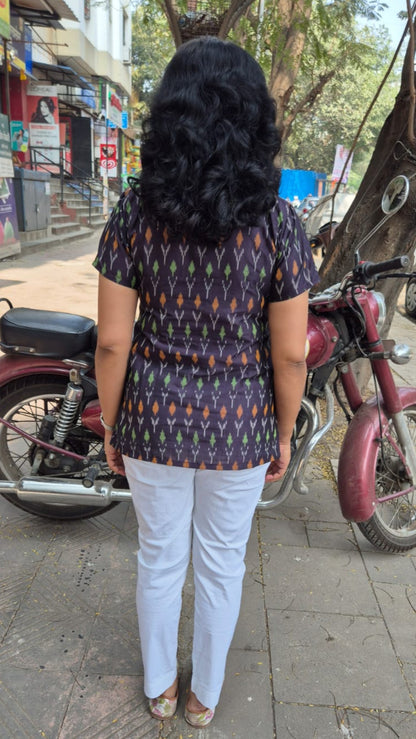 Blue Grey Cotton Ikat Sleeved Short Top