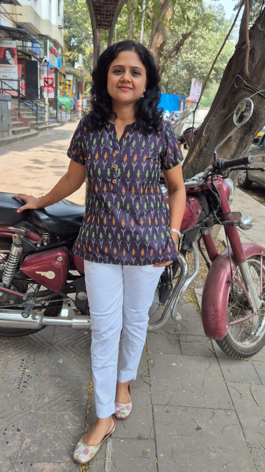 Blue Grey Cotton Ikat Sleeved Short Top