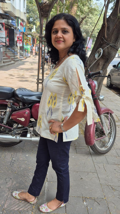 Off White Cotton Ikat Sleeved Short Top