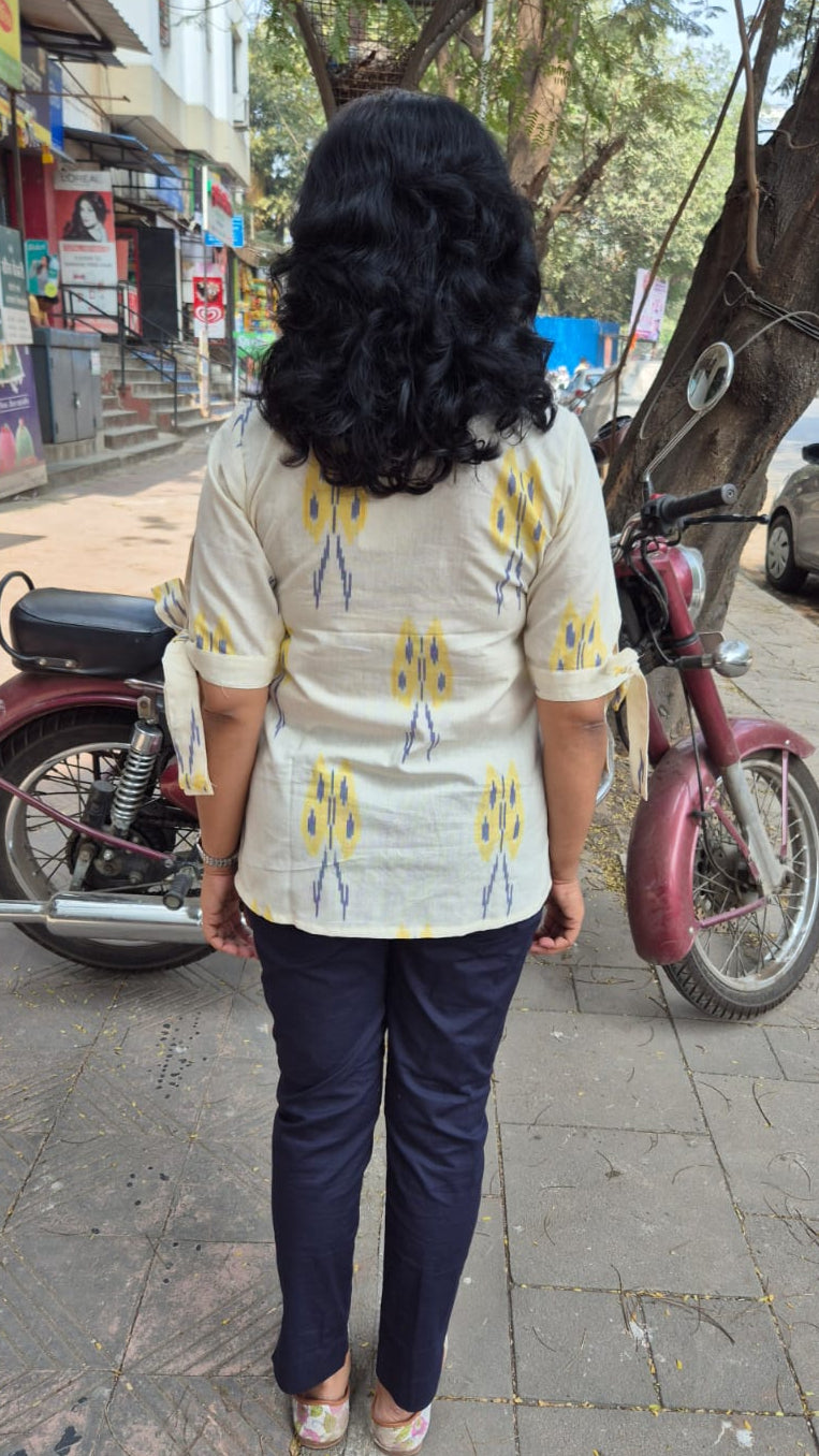 Off White Cotton Ikat Sleeved Short Top