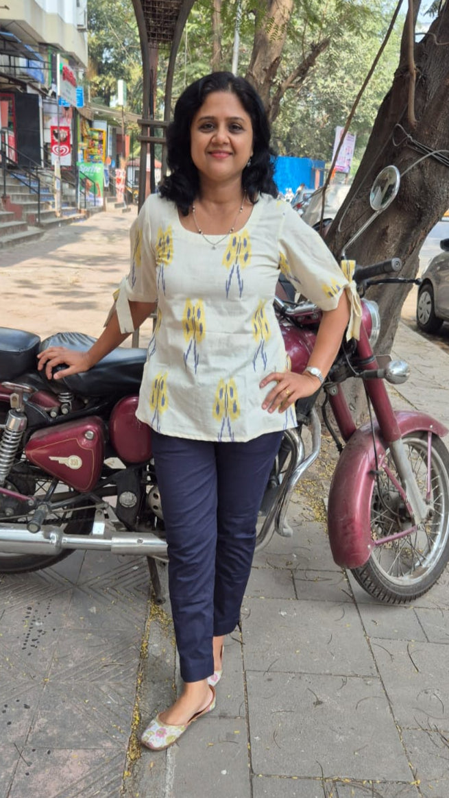 Off White Cotton Ikat Sleeved Short Top