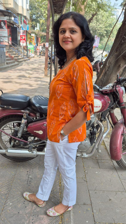 Orange Cotton Ikat Sleeved Short Top