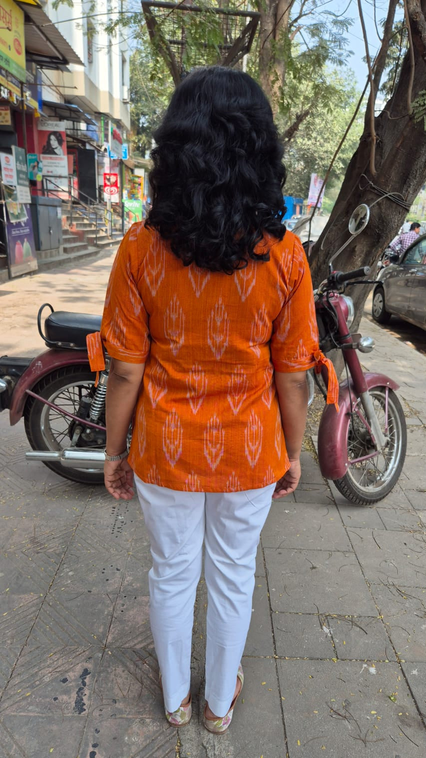 Orange Cotton Ikat Sleeved Short Top
