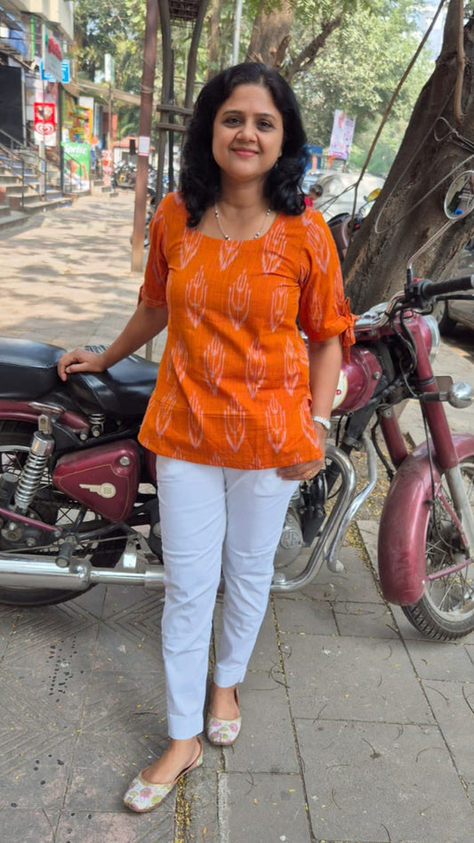 Orange Cotton Ikat Sleeved Short Top