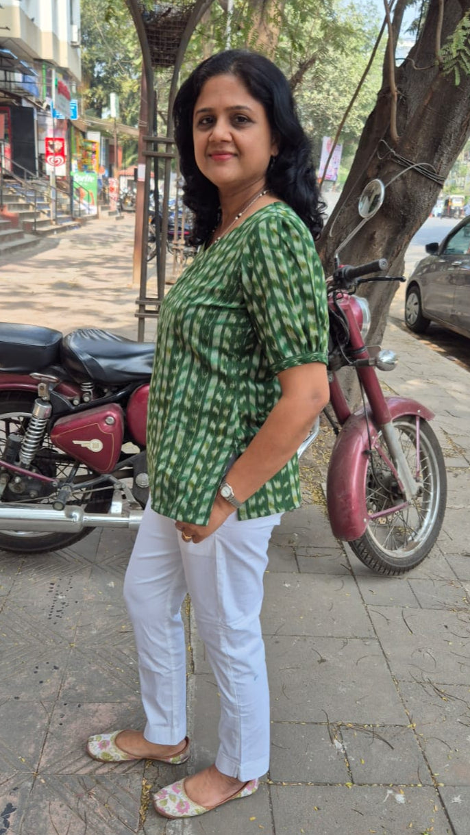 Green Cotton Ikat Sleeved Short Top