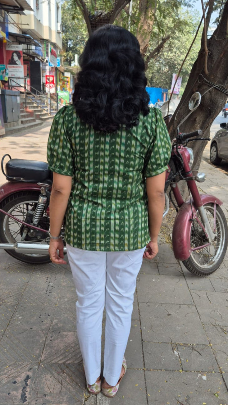 Green Cotton Ikat Sleeved Short Top