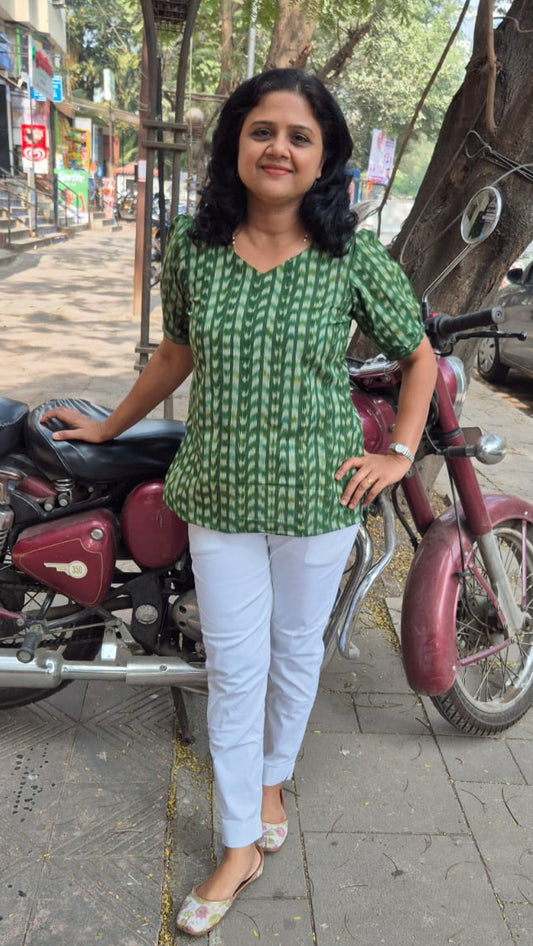 Green Cotton Ikat Sleeved Short Top