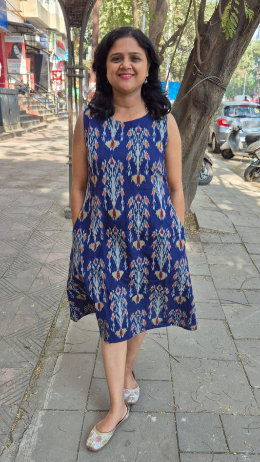 Royal Blue Handloom Ikkat A Line One Piece