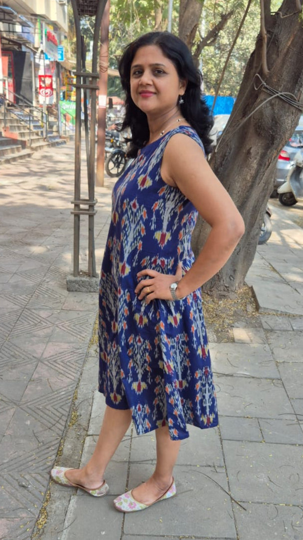 Royal Blue Handloom Ikkat A Line One Piece