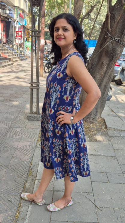Royal Blue Handloom Ikkat A Line One Piece