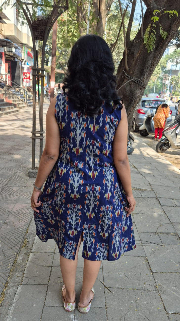Royal Blue Handloom Ikkat A Line One Piece